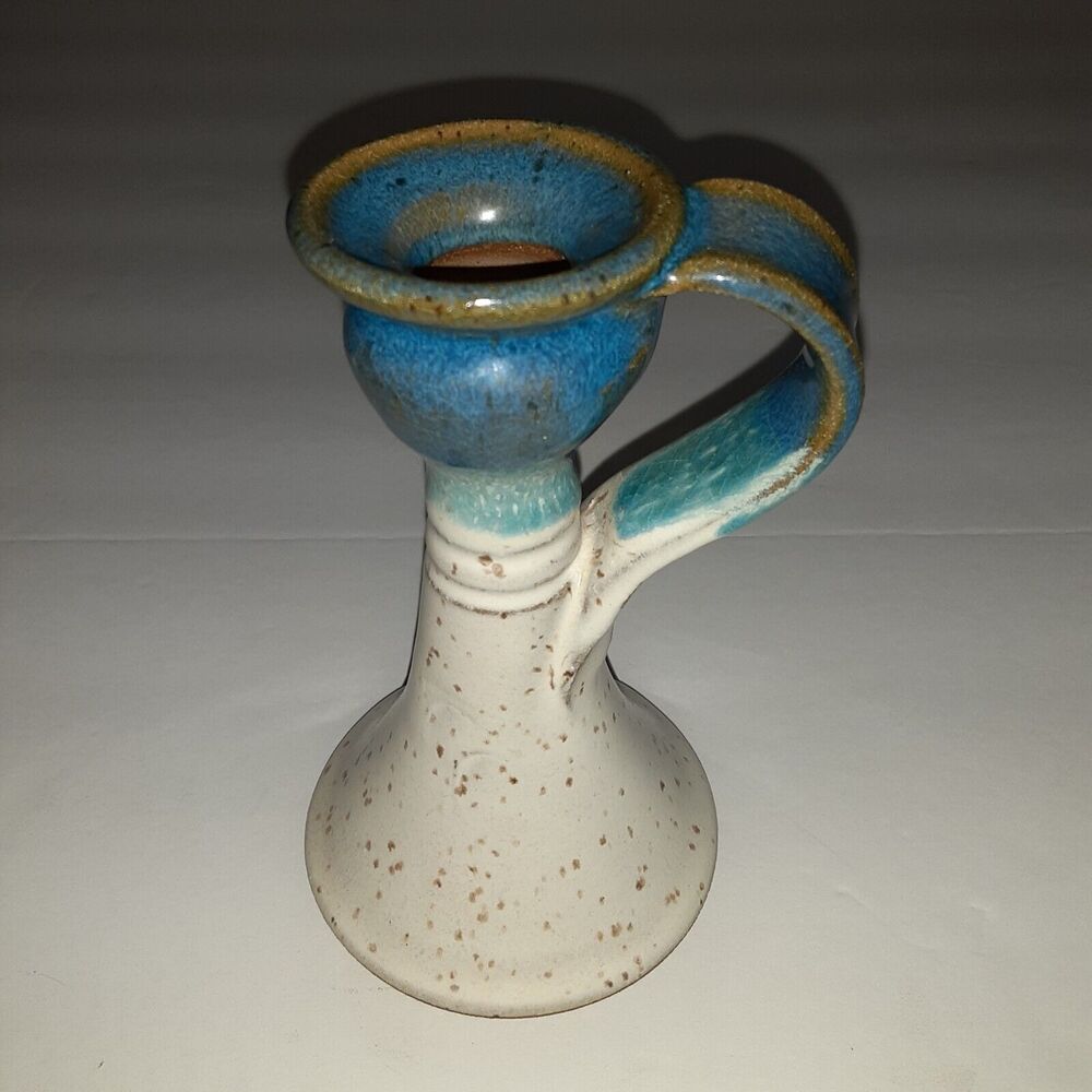 CCC Pottery Chambermaid Candle Stick Artist Signed Sea Blues 5.5"